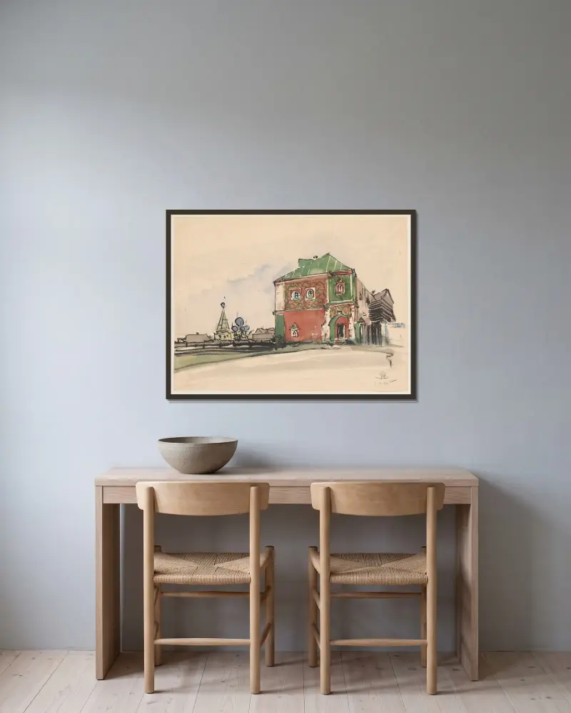 Mit Polychromie verziertes Haus von Stanisław Noakowski gerahmt an einer Wand