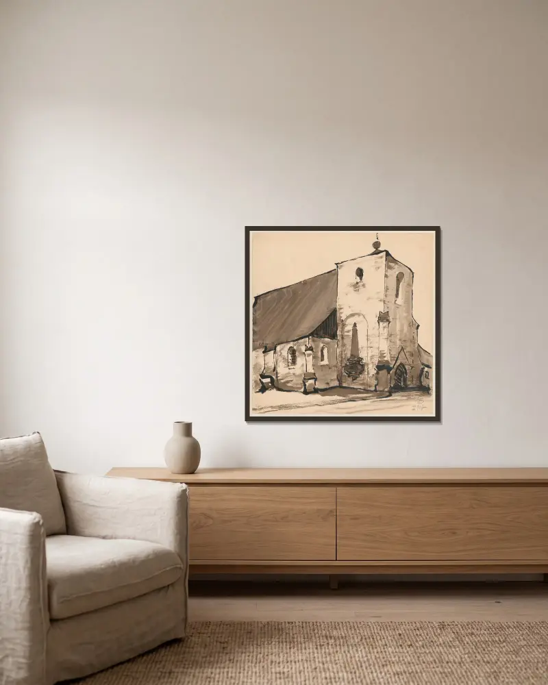 Romanische Kirche von Stanisław Noakowski gerahmt an einer Wand