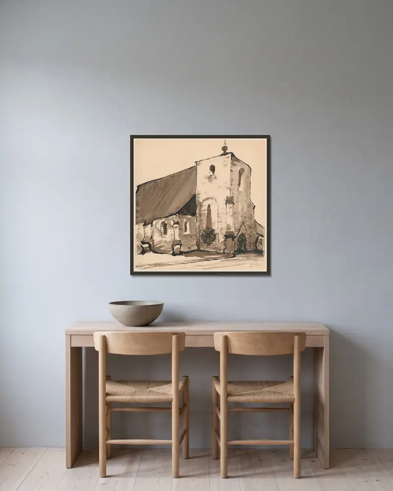 Romanische Kirche von Stanisław Noakowski gerahmt an einer Wand