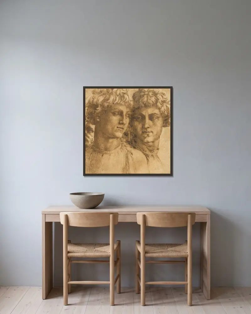 Two Studies of the Head of a Youth av Baccio Bandinelli inramad på en vägg