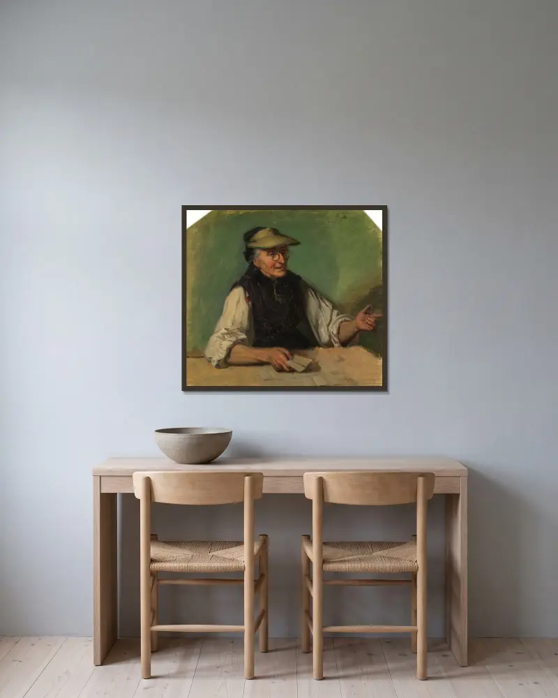 Gammal schwarzwaldsk kvinna med ögonskärm och spelkort i höger hand, sittande bakom ett bord av Johann Baptist Kirner inramad på en vägg