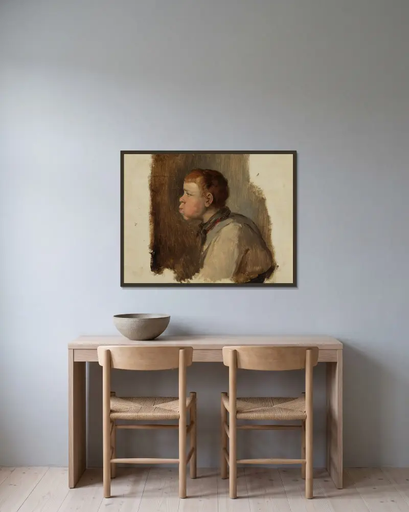 Byst av en pojke av Johann Baptist Kirner inramad på en vägg