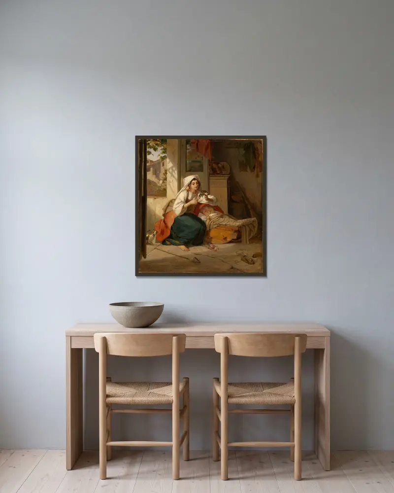 Italienska vid vaggan av Johann Baptist Kirner inramad på en vägg