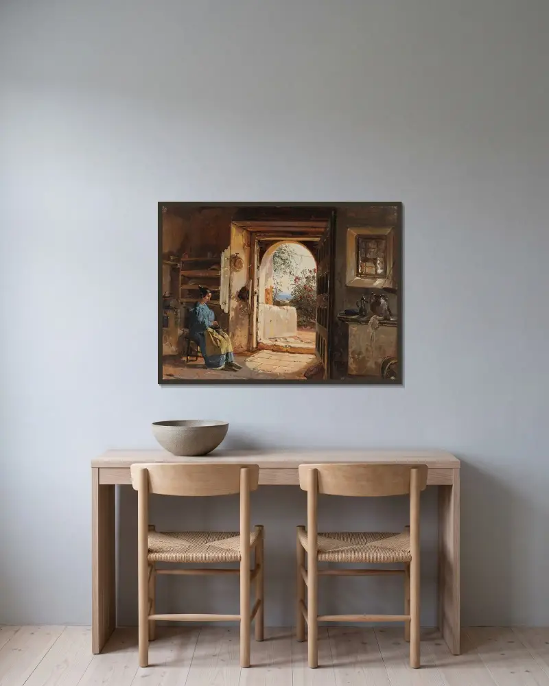 Italienskt rum med kvinna som mal kaffe av Johann Baptist Kirner inramad på en vägg
