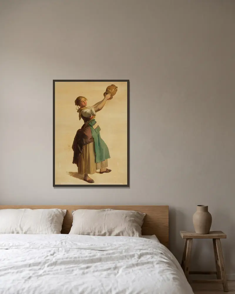 Junge Frau nach rechts, einen Krug in die Höhe haltend von Johann Baptist Kirner gerahmt an einer Wand