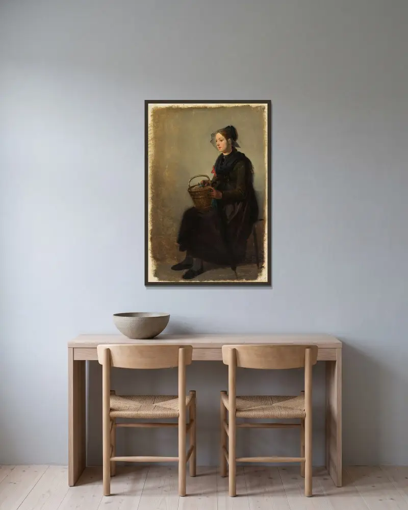Ung flicka i Kinzigtal-dräkt med korg och paraply av Johann Baptist Kirner inramad på en vägg