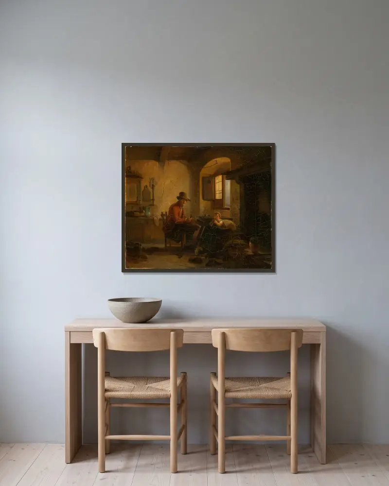 Skomakare med barn i sin verkstad av Johann Baptist Kirner inramad på en vägg