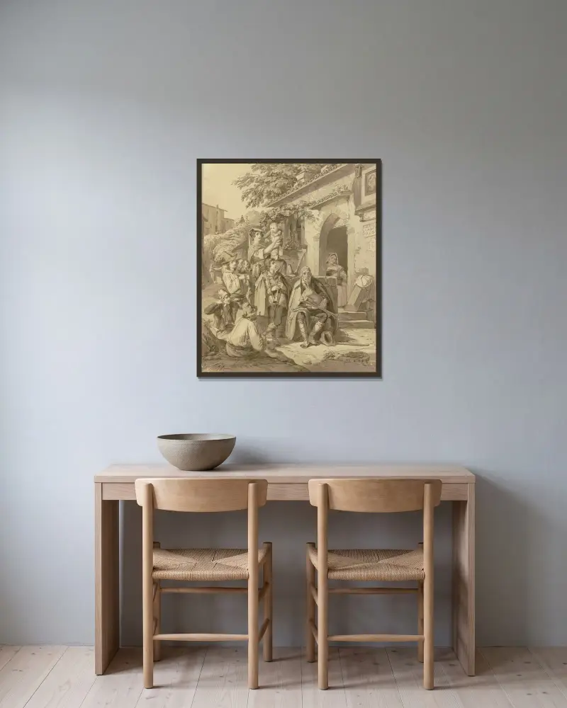 Gatumusikanter och åhörare av Johann Baptist Kirner inramad på en vägg