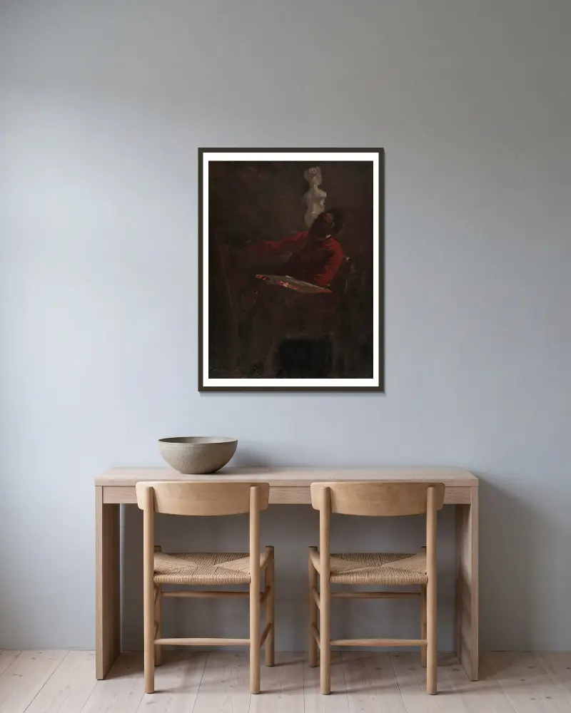 Carpeaux i röd rock målande i sin ateljé av Jean-Baptiste Carpeaux inramad på en vägg