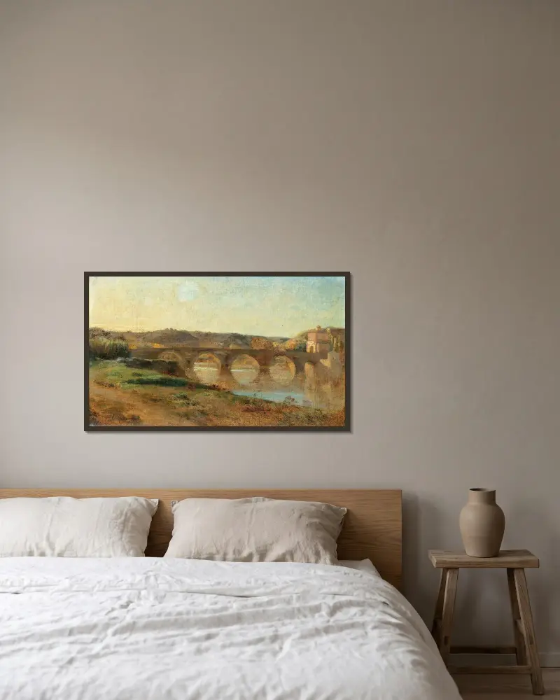 Italienskt landskap med bro av Jean-Baptiste Carpeaux inramad på en vägg