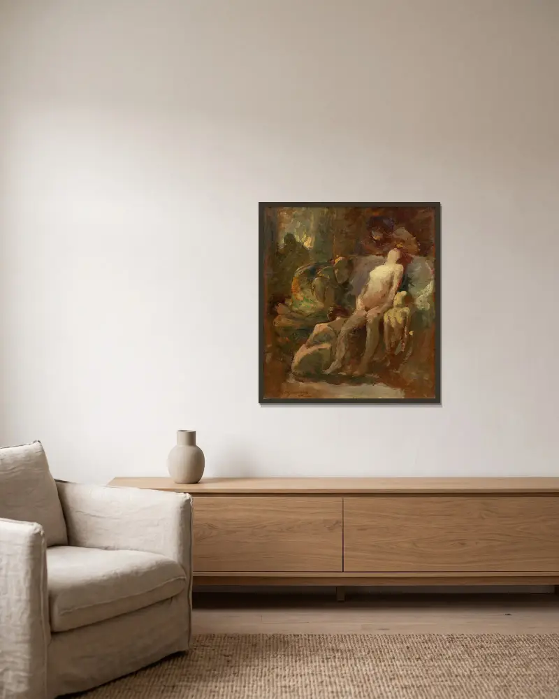 Förlossningen (naken kvinna sittande) av Jean-Baptiste Carpeaux inramad på en vägg