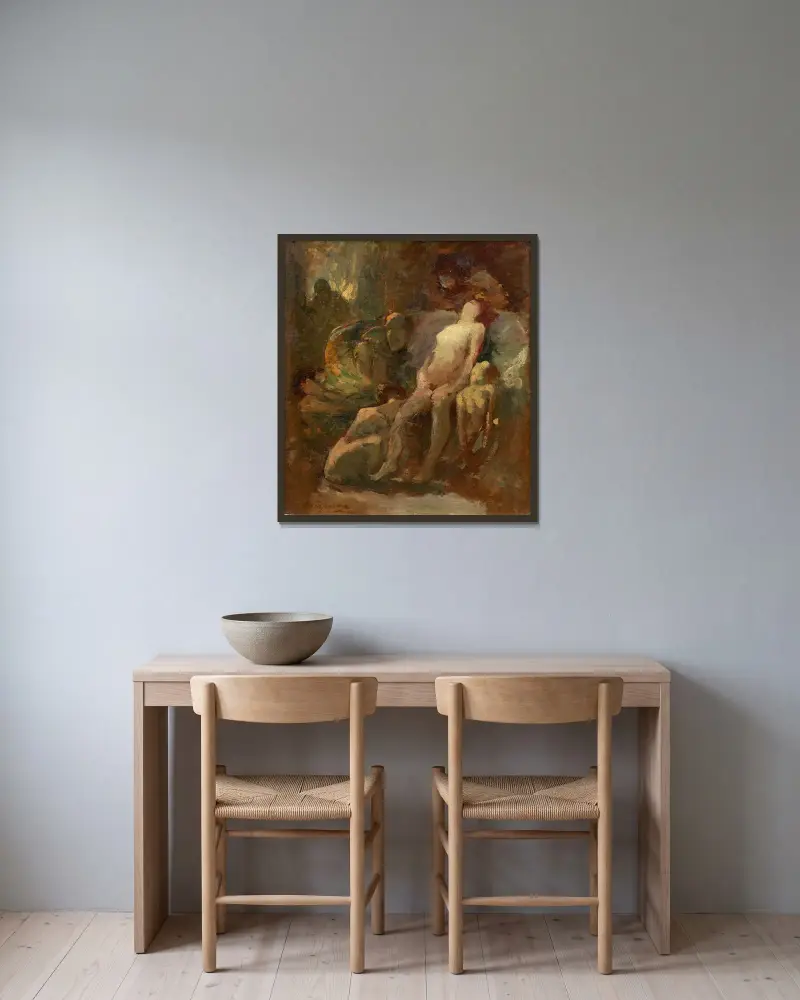 Förlossningen (naken kvinna sittande) av Jean-Baptiste Carpeaux inramad på en vägg
