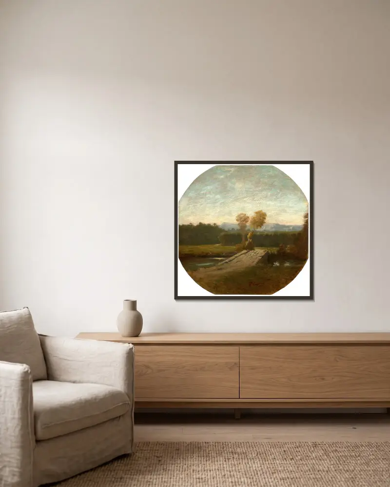 Paysage boisé avec pont et cours d’eau av Jean-Baptiste Carpeaux inramad på en vägg