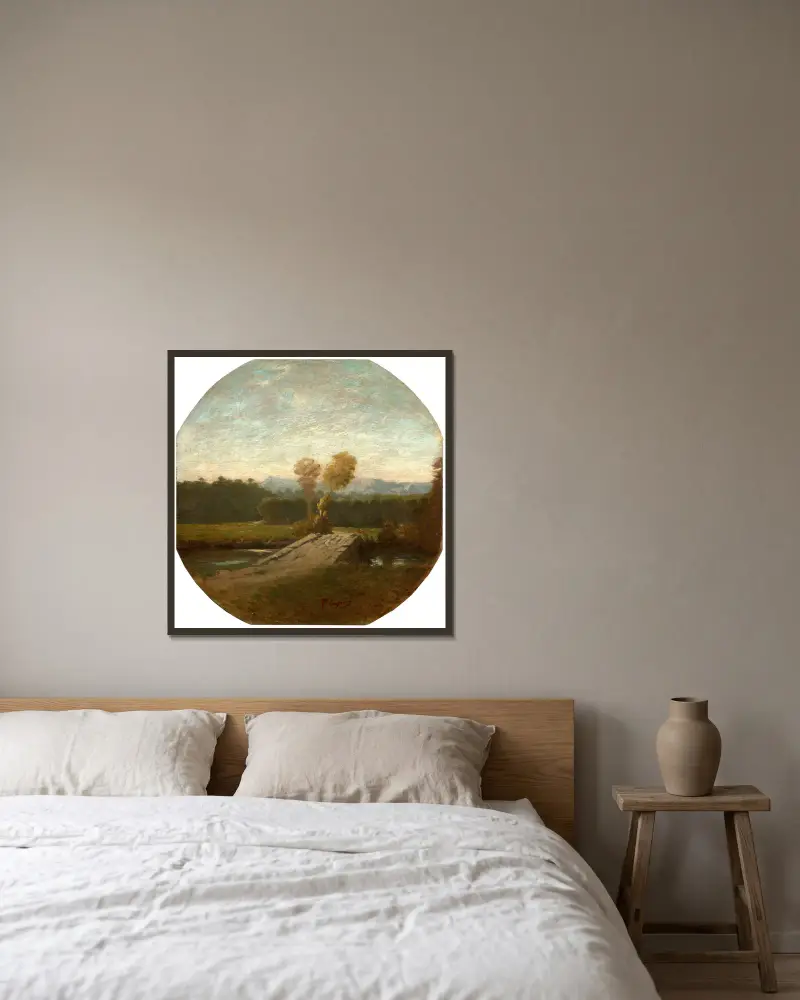 Paysage boisé avec pont et cours d’eau av Jean-Baptiste Carpeaux inramad på en vägg