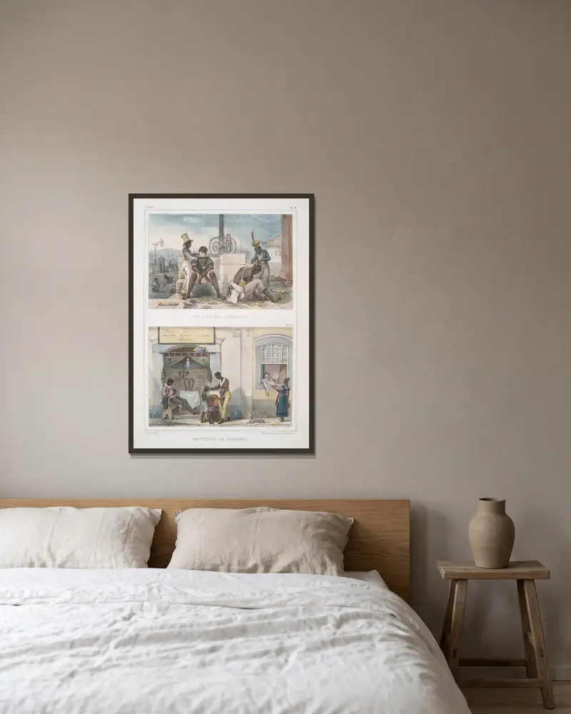 Wandernde Barbiere; Barbierladen von Jean Baptiste Debret gerahmt an einer Wand