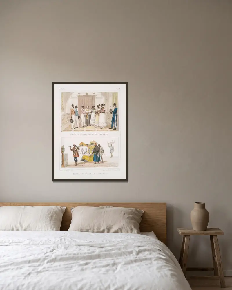 Hochzeit von Sklaven in einem reichen Haus; Leichenzug von Sklavenkindern von Jean Baptiste Debret gerahmt an einer Wand