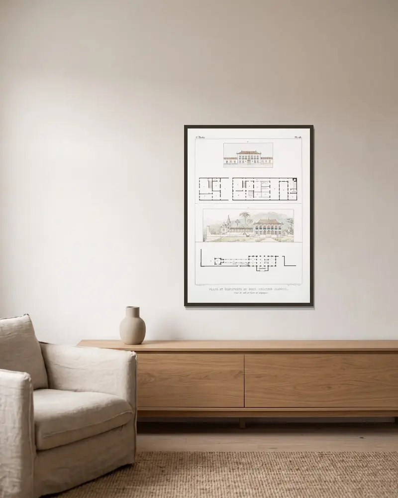 Plans et élévation de deux grandes maisons av Jean Baptiste Debret inramad på en vägg