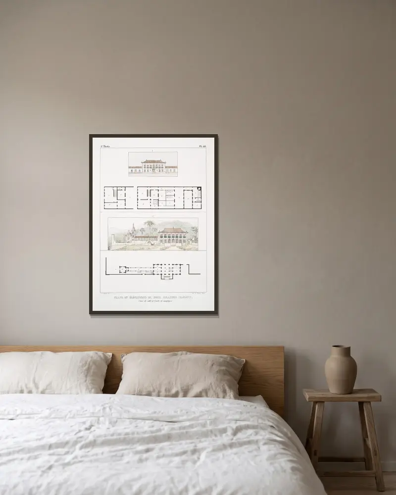 Plans et élévation de deux grandes maisons av Jean Baptiste Debret inramad på en vägg