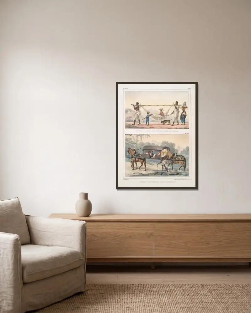 Retour à la ville, d’un propiétaire de chácara; Litière pour voyager dans l’interieur av Jean Baptiste Debret inramad på en vägg