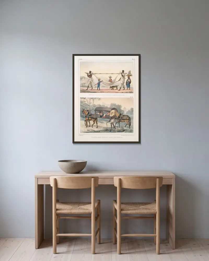 Retour à la ville, d’un propiétaire de chácara; Litière pour voyager dans l’interieur av Jean Baptiste Debret inramad på en vägg