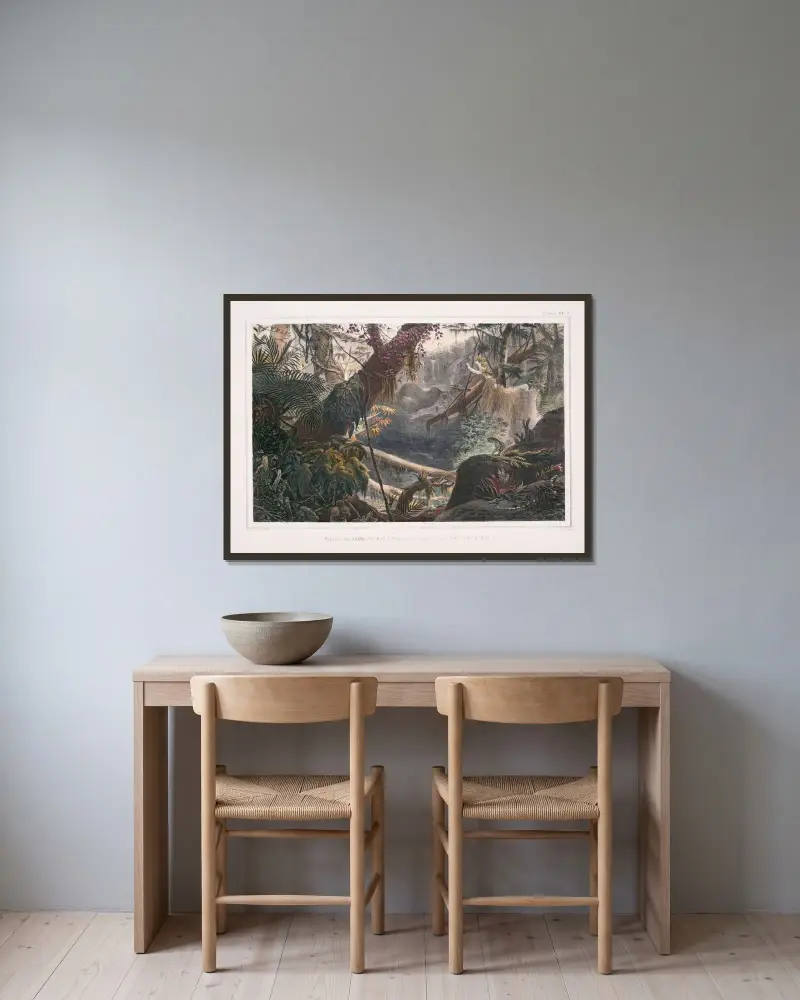 Dalarna i Serra do Mar (Bergskedja nära havet) av Jean Baptiste Debret inramad på en vägg