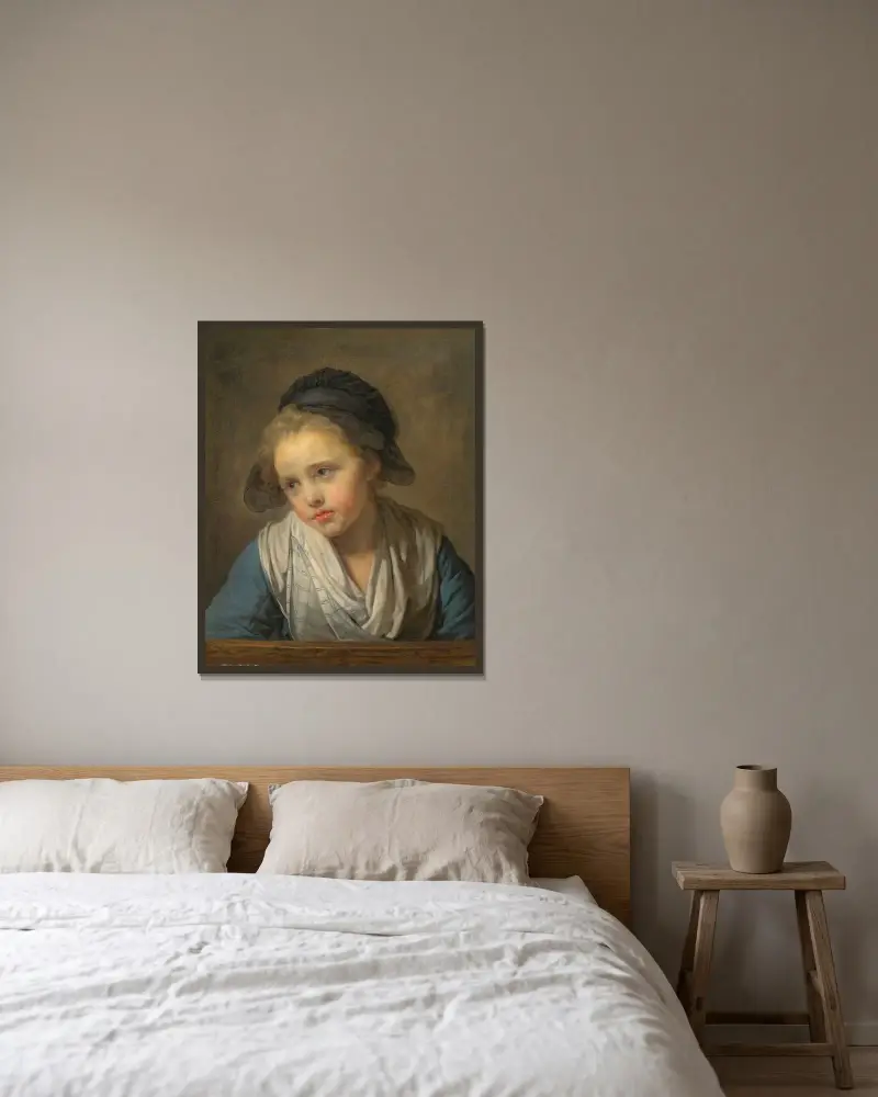 Flicka vid en balustrad av Jean-Baptiste Greuze inramad på en vägg