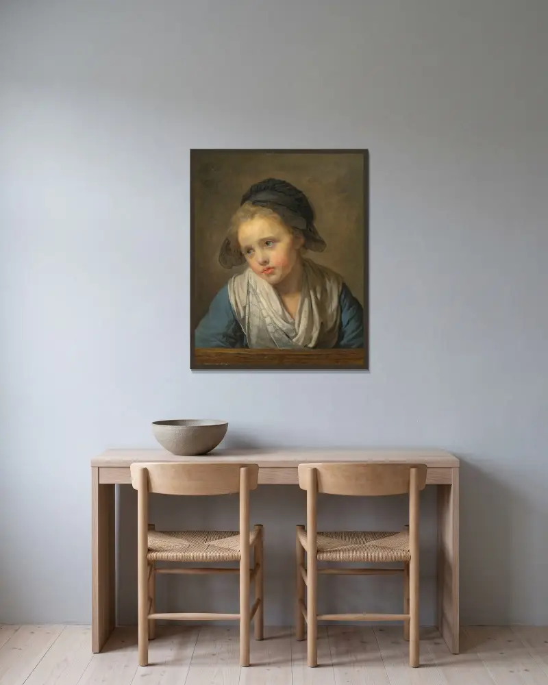 Flicka vid en balustrad av Jean-Baptiste Greuze inramad på en vägg