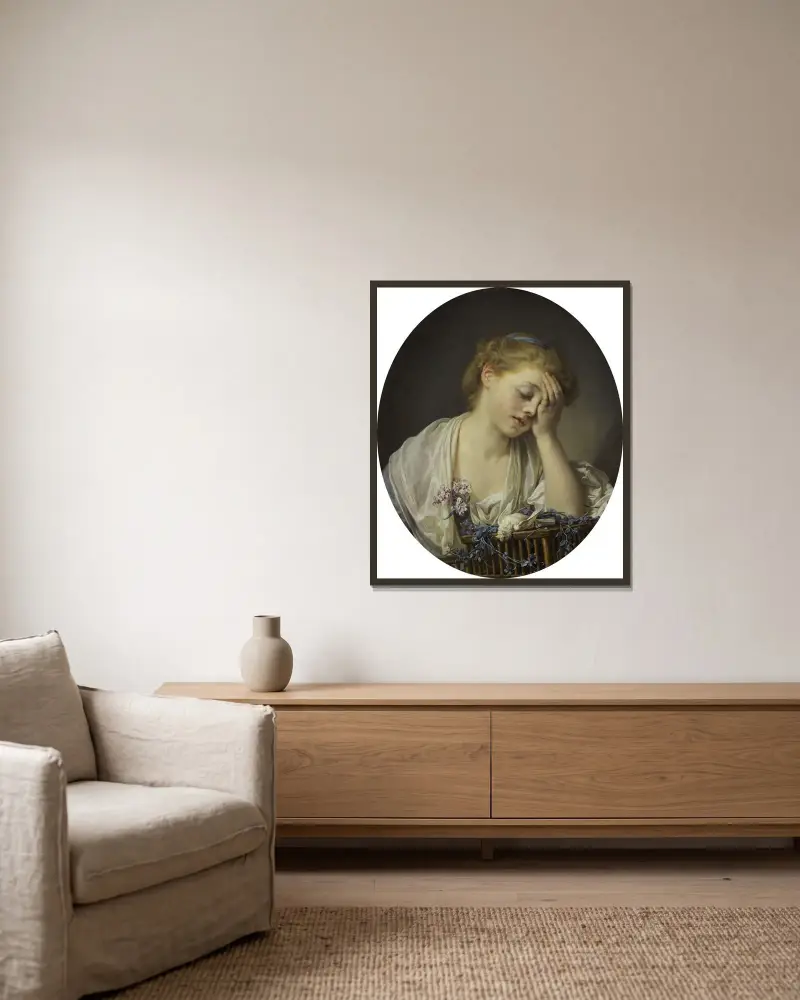 Flicka med död kanariefågel av Jean-Baptiste Greuze inramad på en vägg
