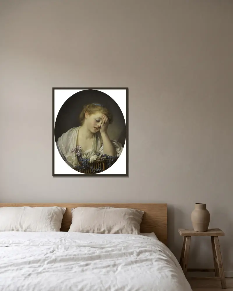 Flicka med död kanariefågel av Jean-Baptiste Greuze inramad på en vägg
