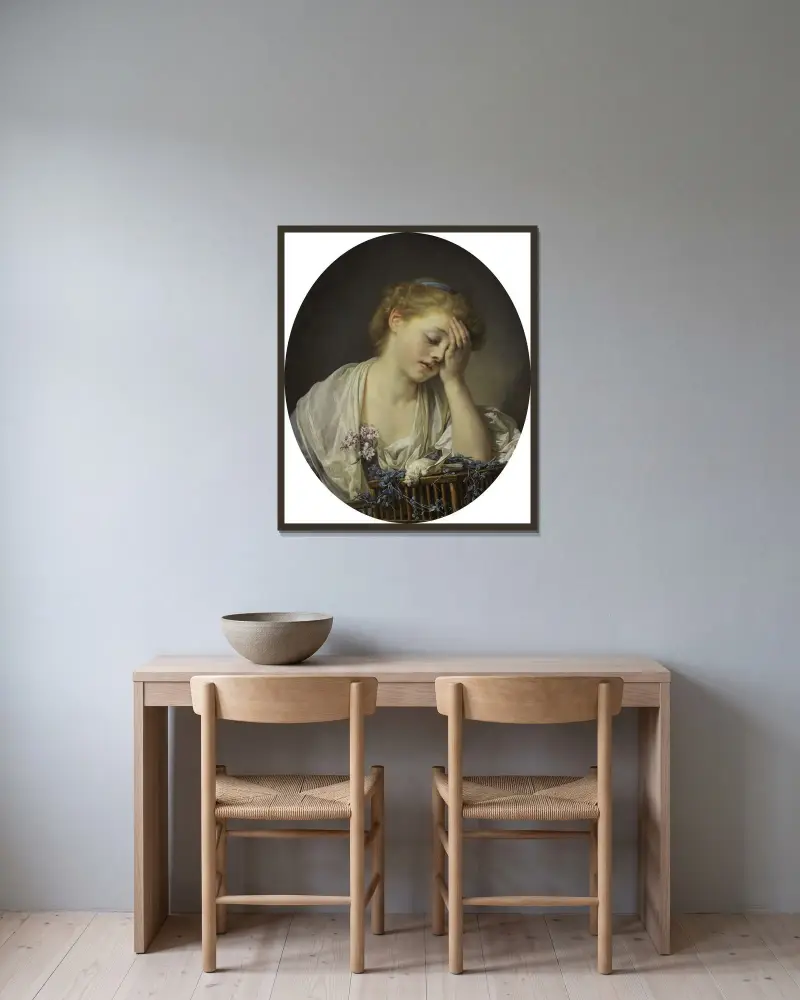 Flicka med död kanariefågel av Jean-Baptiste Greuze inramad på en vägg