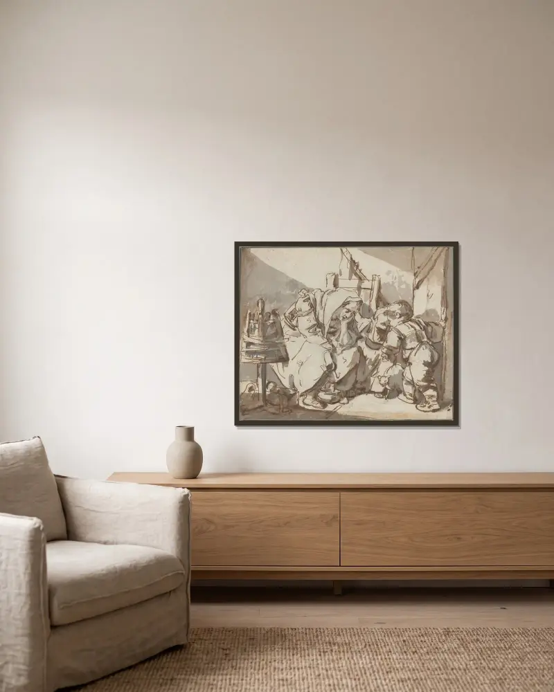 En trött kvinna med två barn av Jean-Baptiste Greuze inramad på en vägg