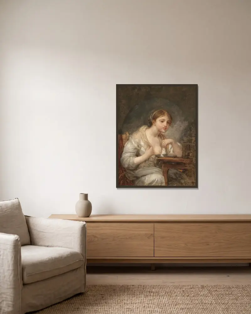 Ung kvinna med fågelbur av Jean-Baptiste Greuze inramad på en vägg