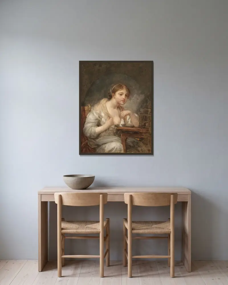 Ung kvinna med fågelbur av Jean-Baptiste Greuze inramad på en vägg