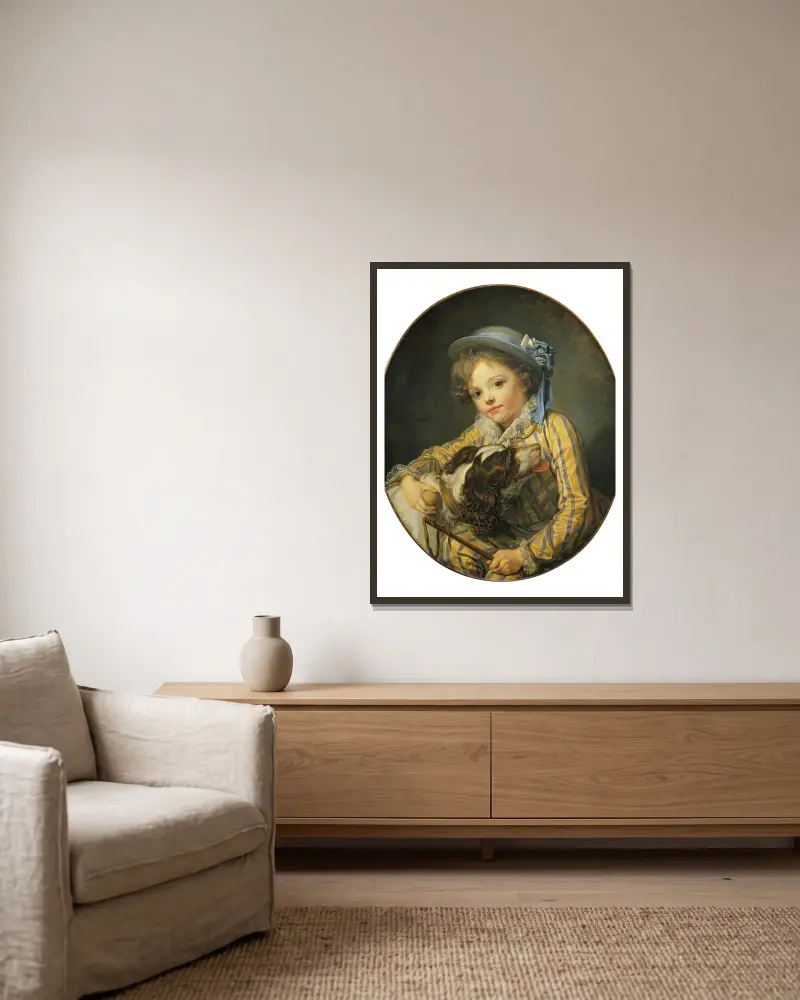 Knabe mit Hund von Jean-Baptiste Greuze gerahmt an einer Wand