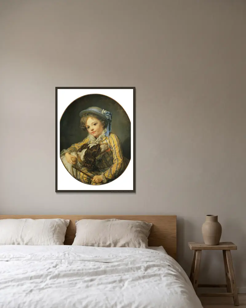 Knabe mit Hund von Jean-Baptiste Greuze gerahmt an einer Wand