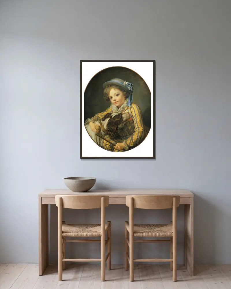 Knabe mit Hund von Jean-Baptiste Greuze gerahmt an einer Wand