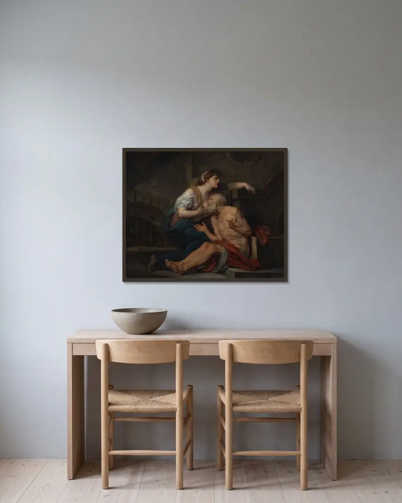 Cimon och Pero; 'Romersk barmhärtighet' av Jean-Baptiste Greuze inramad på en vägg