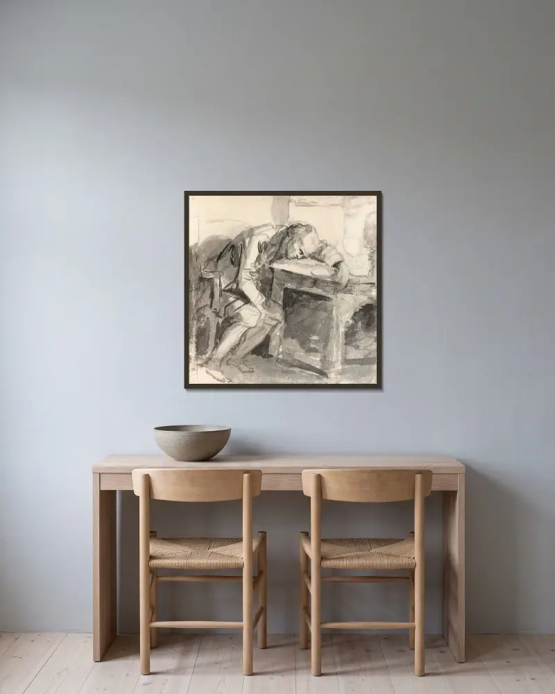Studie eines über einem Tisch zusammengebrochenen Mannes von Jean-Baptiste Greuze gerahmt an einer Wand