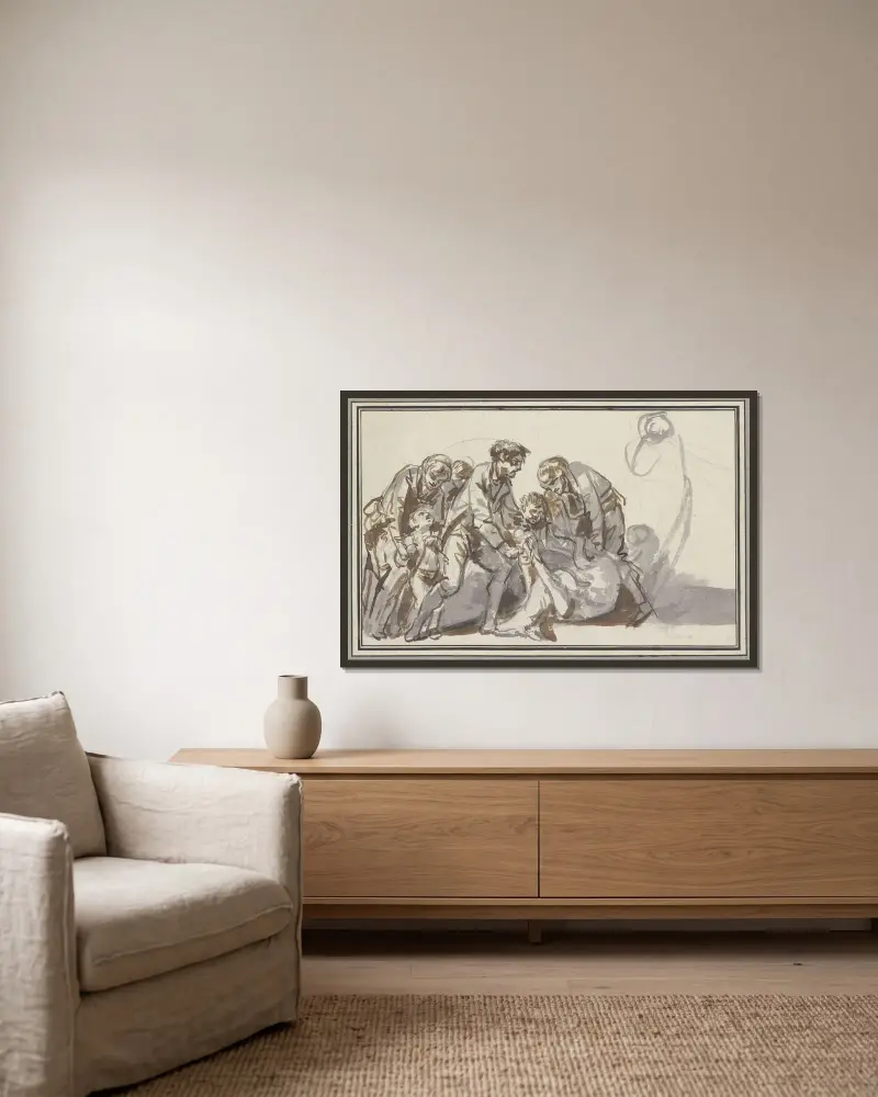 Figurgrupp med två män som försöker binda ihop hovarna på en död hind som ligger på marken av Jean-Baptiste Greuze inramad på en vägg