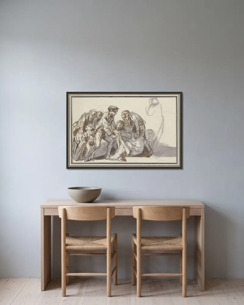 Figurgrupp med två män som försöker binda ihop hovarna på en död hind som ligger på marken av Jean-Baptiste Greuze inramad på en vägg