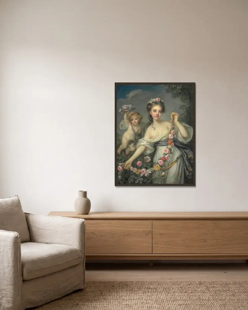 Flora och Zephyr av Jean-Baptiste Greuze inramad på en vägg