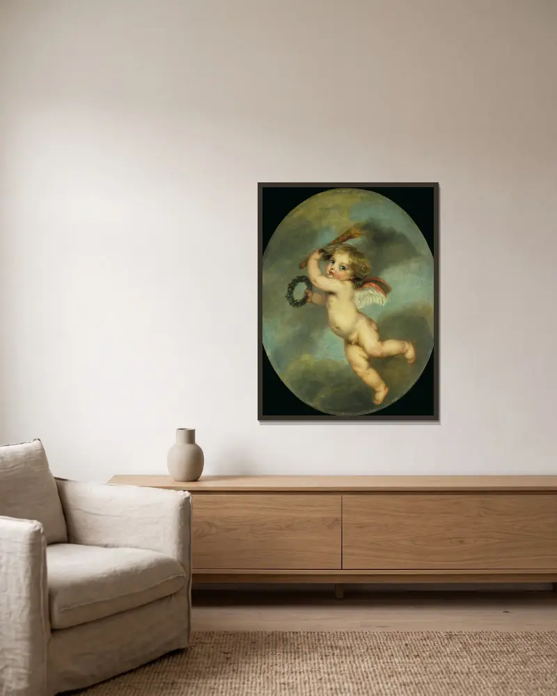 Fliegender Amor mit Fackel von Jean-Baptiste Greuze gerahmt an einer Wand