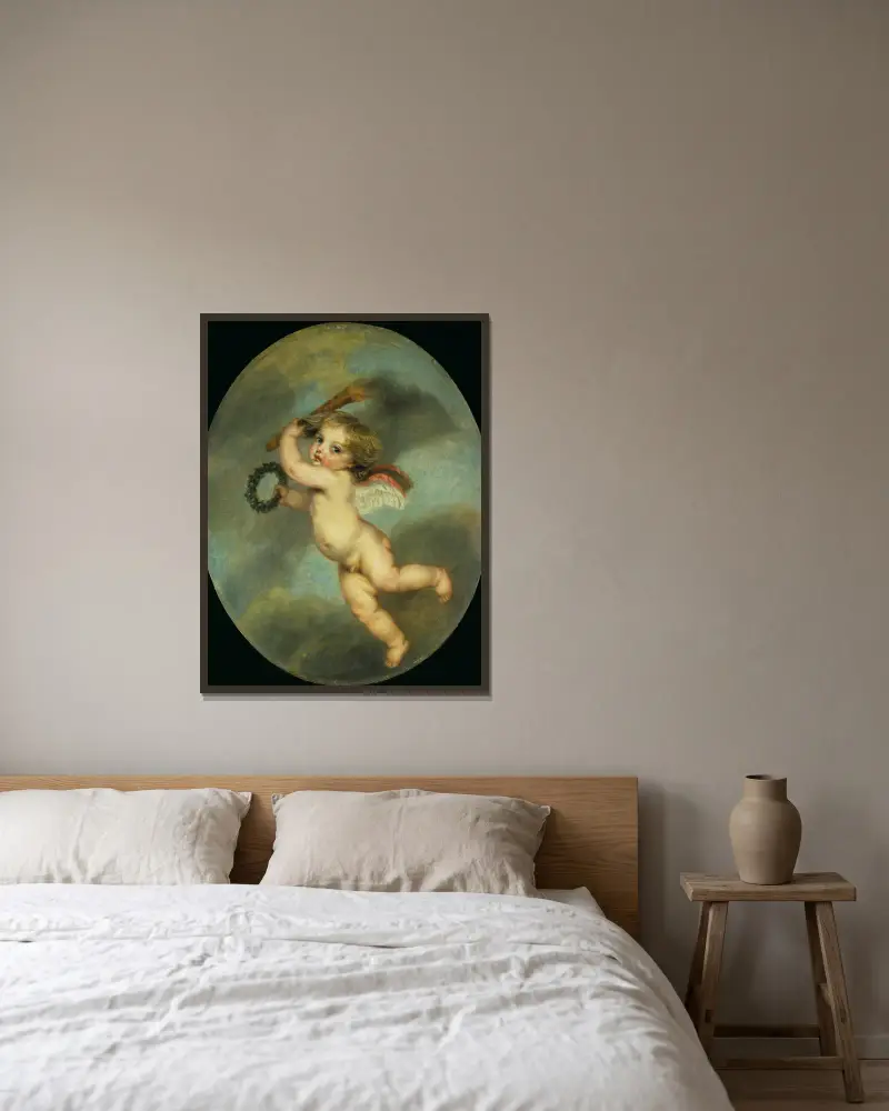 Fliegender Amor mit Fackel von Jean-Baptiste Greuze gerahmt an einer Wand