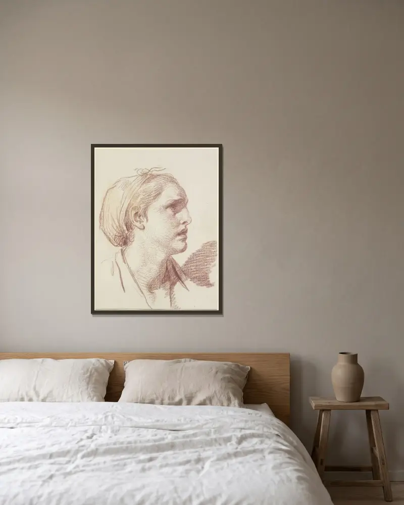 Kvinno huvud med uppbundet hår i profil mot höger av Jean-Baptiste Greuze inramad på en vägg