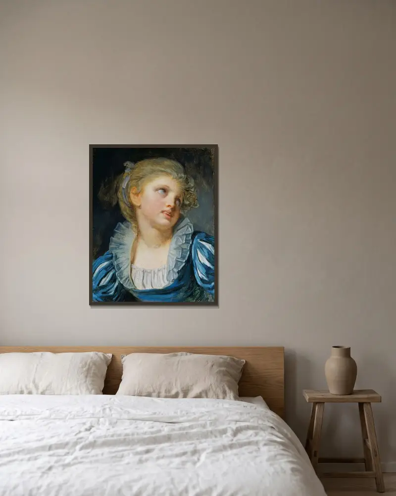 Flicka i blå klänning av Jean-Baptiste Greuze inramad på en vägg
