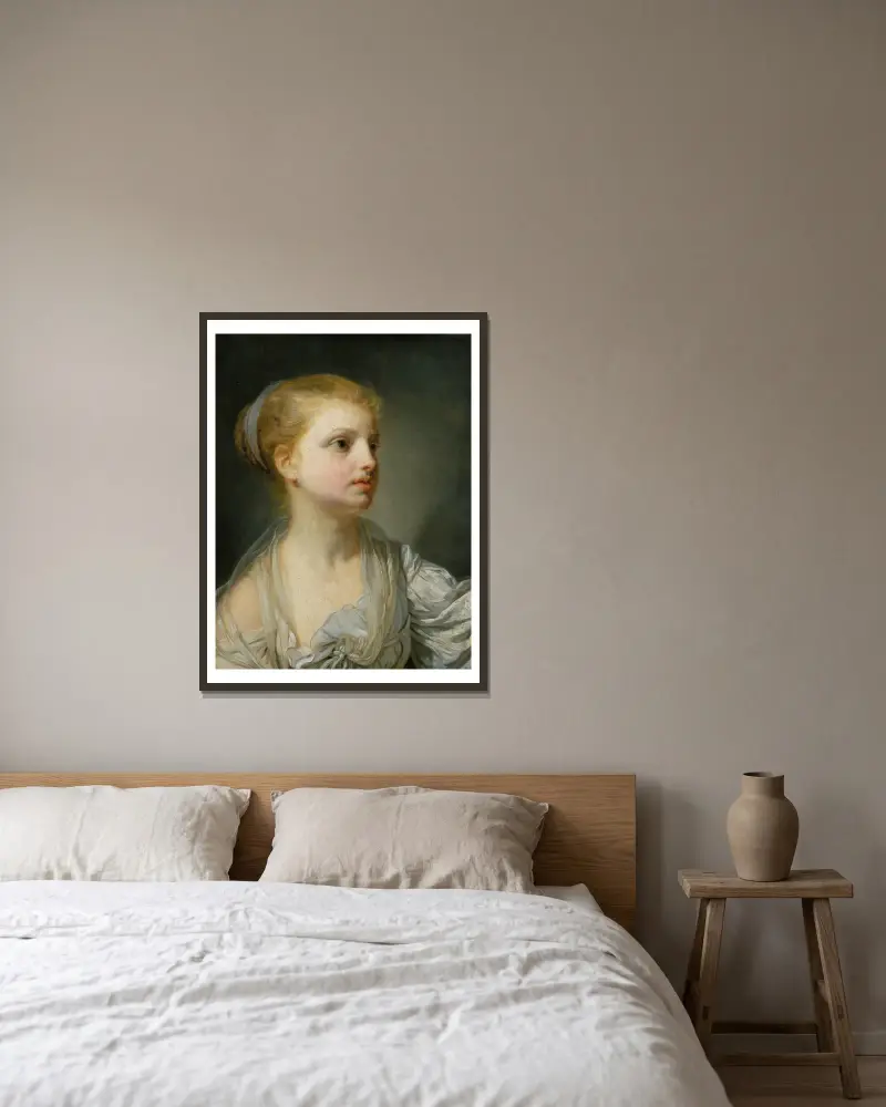 Girl in a White Dress av Jean-Baptiste Greuze inramad på en vägg
