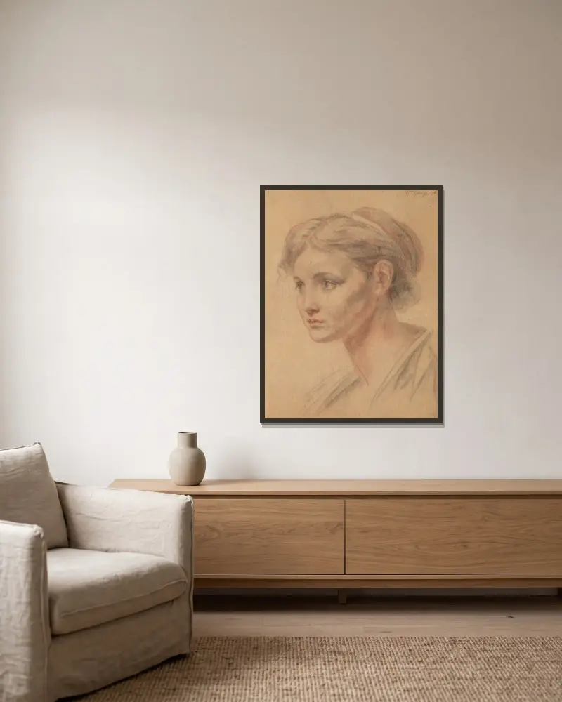 Flickhuvud av Jean-Baptiste Greuze inramad på en vägg
