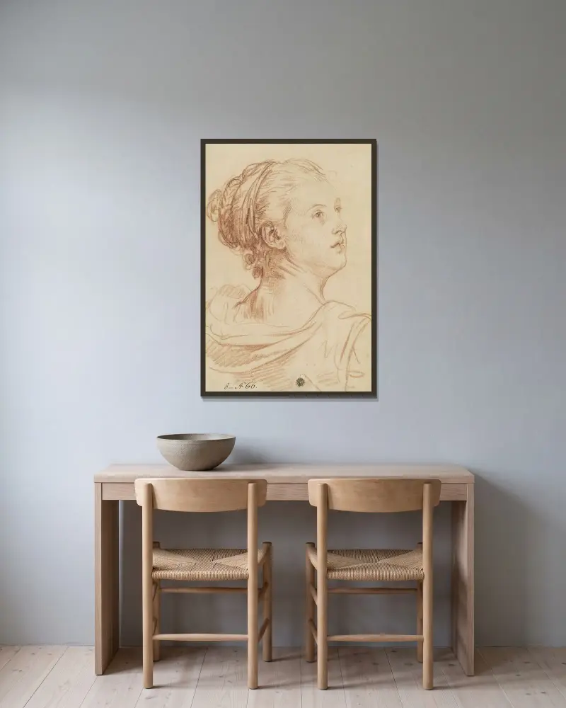 Kvinna som ser sig över axeln av Jean-Baptiste Greuze inramad på en vägg