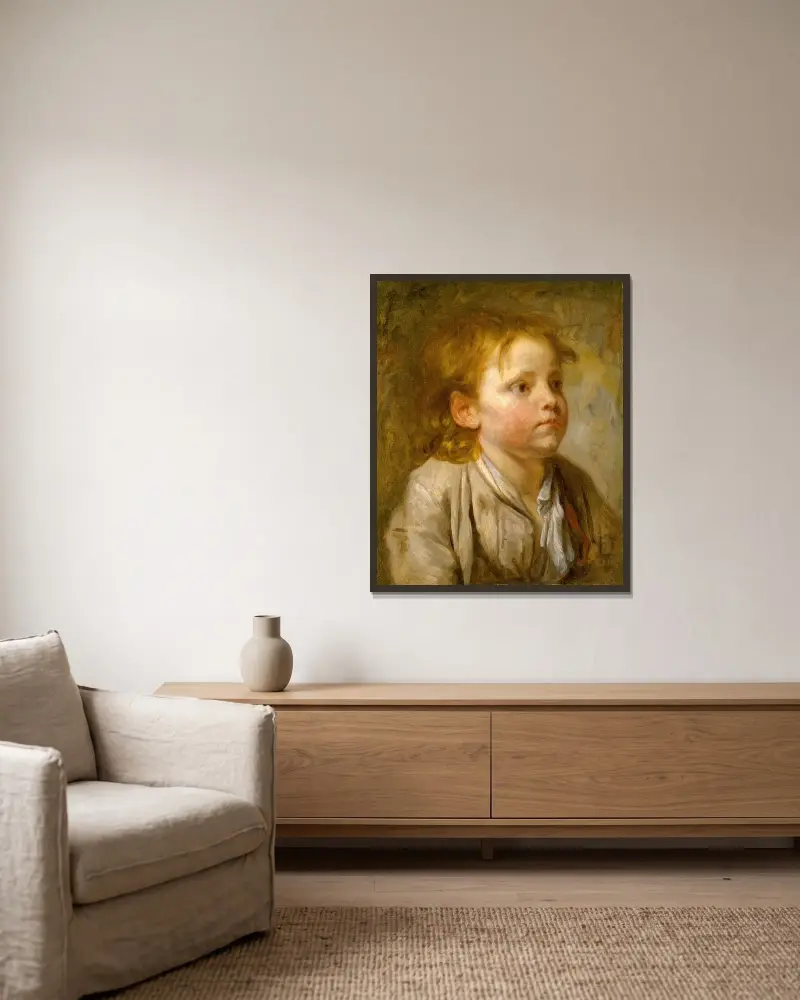 Huvud av en ung pojke av Jean-Baptiste Greuze inramad på en vägg