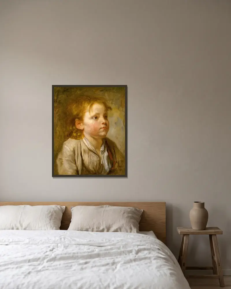 Huvud av en ung pojke av Jean-Baptiste Greuze inramad på en vägg